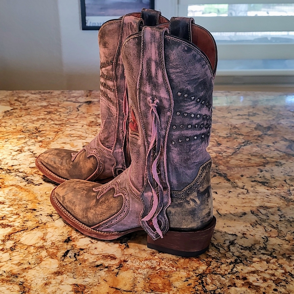 Dan Post Distressed Brown Leather Studded Western Heeled Boots - Picture 5 of 14
